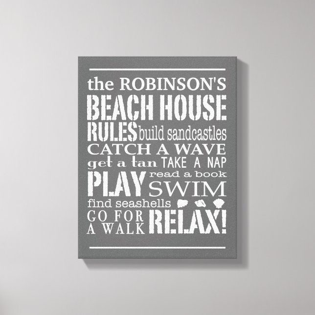Personalised Family Beach House Rules Grey | White Canvas Print (Front)