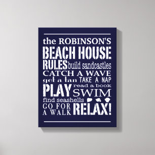 Personalised Family Beach House Rules Navy White Canvas Print