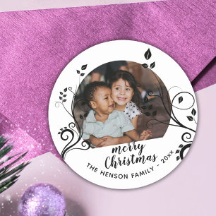 Personalised Family Black Foliage Christmas Photo Classic Round Sticker