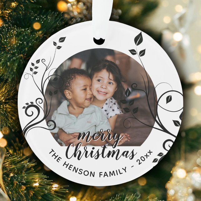 Personalised Family Black Foliage Christmas Photo Ornament (Creator Uploaded)