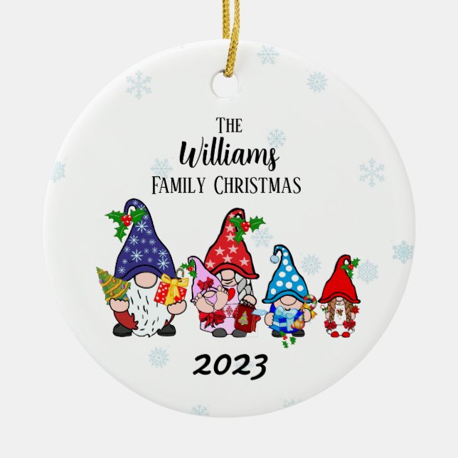 Personalised Family Christmas Gnomes girl baby Ceramic Tree Decoration (Front)