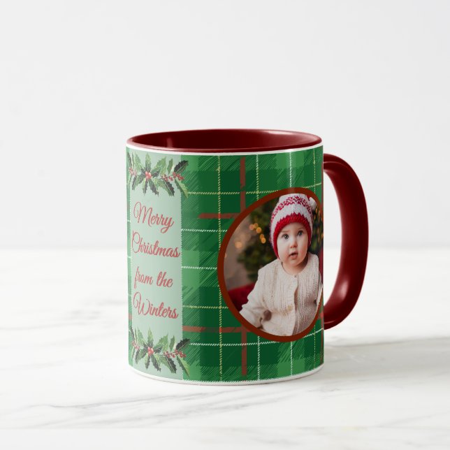 Personalised Family Christmas Green Plaid Mug (Front Right)