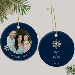 Personalised Family Christmas Ornament<br><div class="desc">Celebrate the joy and togetherness of the holiday season with our Personalised Family Christmas Ornament. The front showcases a cherished family photo framed by an elegant snowflake design, while the family name adds a personal touch. On the back, "Joy Love" captures the heartwarming spirit of your family, along with the...</div>