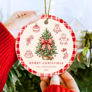 Personalised Family Christmas Tree Red Gingham Bow Ceramic Tree Decoration