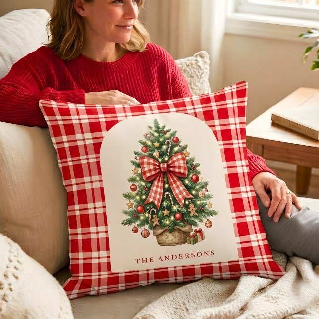 Personalised Family Christmas Tree Red Gingham Bow Cushion (Creator Uploaded)