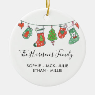 Personalised Family Christmas watercolor stockings Ceramic Tree Decoration