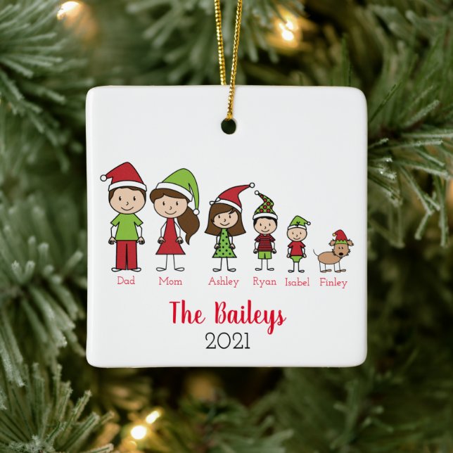 Personalised Family Christmas With Dog Ceramic Ornament (Tree)