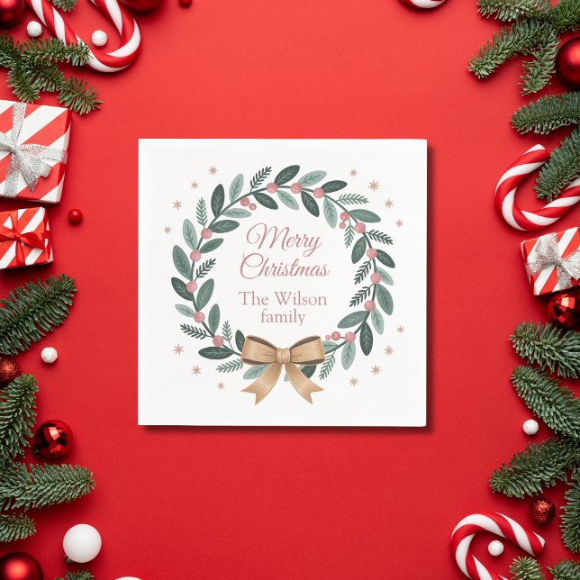 Personalised Family Christmas Wreath Napkin (Creator Uploaded)