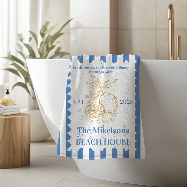 Personalised Family Coastal Lemon Beach House Deco Bath Towel (Creator Uploaded)