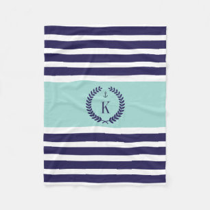 Personalised Family Crest Stripe Pattern Navy Mint Fleece Blanket