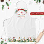 Personalised Family Festive Holiday Treats Border Apron<br><div class="desc">Gorgeous holiday apron with all text areas available for your own customisation! Unique design with area for your name/family name and message on the top embellished by banner with holly and mistletoe. Lower area with exquisite festive border with Christmas trees holiday cookies, greenery, hollies, stars and candy canes. Great unique...</div>