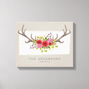 Personalised Family Floral Deer Antler Summer Canvas Print