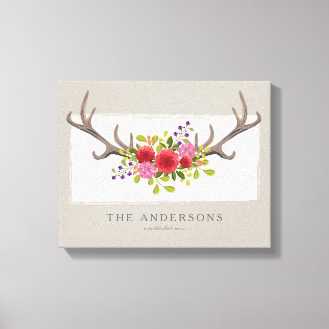 Personalised Family Floral Deer Antler | Summer Canvas Print (Front)