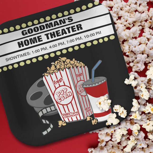 Personalised Family Home Movie Theatre Customised Paper Plate (Personalized paper plates for binge watching movies in your home theater!)