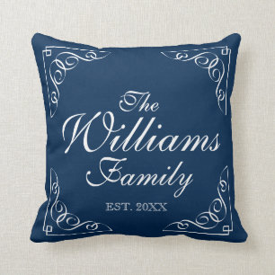 Personalised family last name blue throw pillows