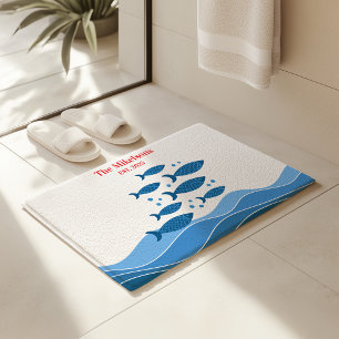 Personalised Family Modern Blue Coastal Fish Bath Mat