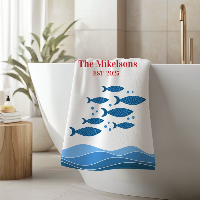 Personalised Family Modern Blue Coastal Fish Bath Towel (Creator Uploaded)