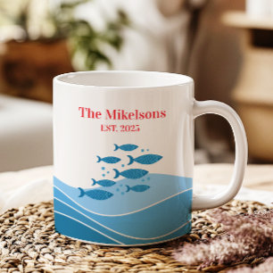 Personalised Family Modern Blue Coastal Fish Two-Tone Coffee Mug