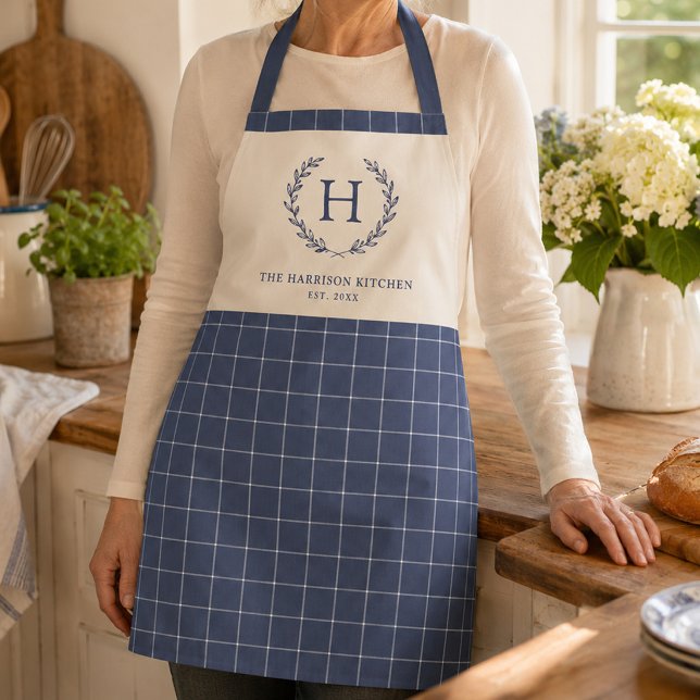 Personalised Family Monogram Blue Windowpane Apron (Creator Uploaded)