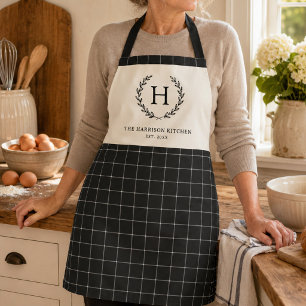Personalised Family Monogram Modern Black Plaid Apron