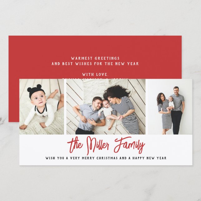 Personalised Family Name 3 Photo Collage Holiday C Card (Front/Back)