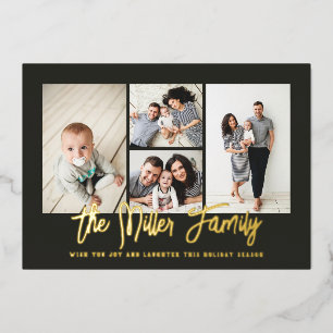 Personalised Family Name 4 Photo Collage Foil Holiday Card