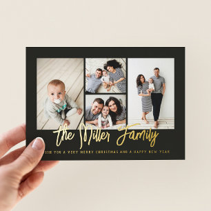 Personalised Family Name 4 Photo Collage Foil Holiday Card