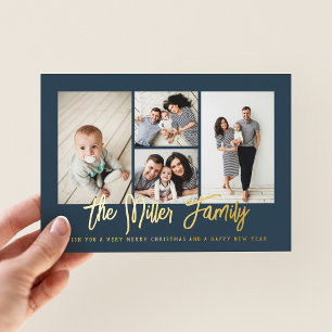 Personalised Family Name 4 Photo Collage Foil Holiday Card