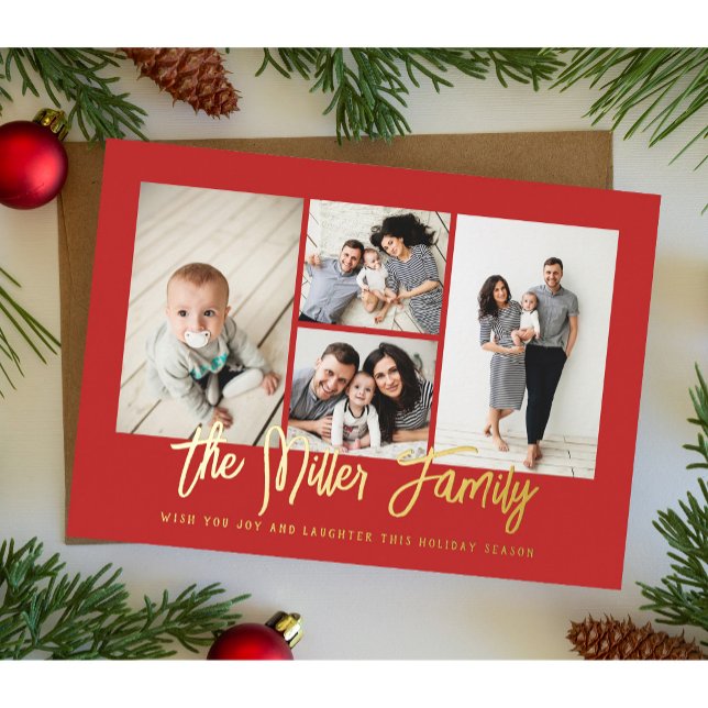 Personalised Family Name 4 Photo Collage Foil Holiday Card (Creator Uploaded)