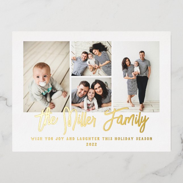Personalised Family Name 4 Photo Collage Foil Holiday Postcard (Front)