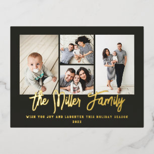 Personalised Family Name 4 Photo Collage Foil Holiday Postcard