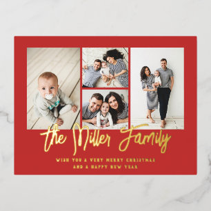 Personalised Family Name 4 Photo Collage Foil Holiday Postcard