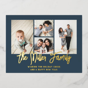Personalised Family Name 4 Photo Collage Foil Holiday Postcard