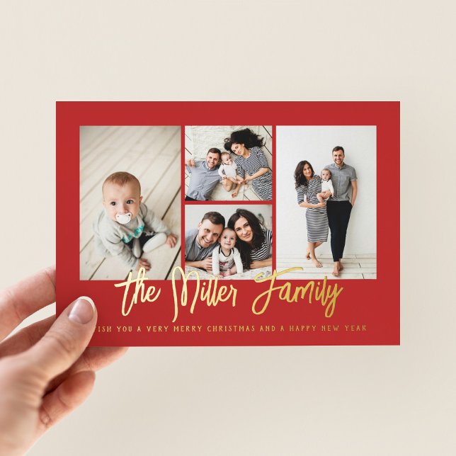 Personalised Family Name 4 Photo Collage Red Foil Holiday Card (Creator Uploaded)