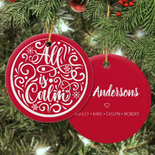 Personalised Family Name All Is Calm Christmas Ceramic Tree Decoration