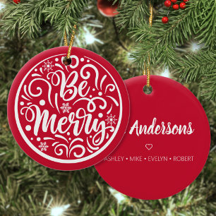 Personalised Family Name Be Merry Christmas Red Ceramic Tree Decoration