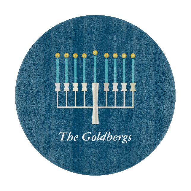 Personalised Family Name Blue Hanukkah Menorah Cutting Board (Front)
