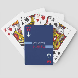 personalised family name   blue nautical playing cards