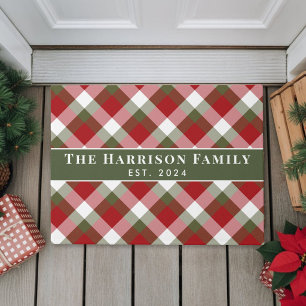 Personalised Family Name Christmas Holiday Plaid Doormat