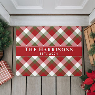 Personalised Family Name Christmas Holiday Plaid Doormat