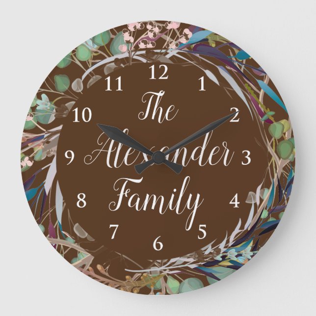 Personalised Family Name Clock Elegant Wreath (Front)