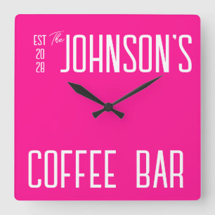 Personalised Family Name Coffee Bar Hot Pink Square Wall Clock