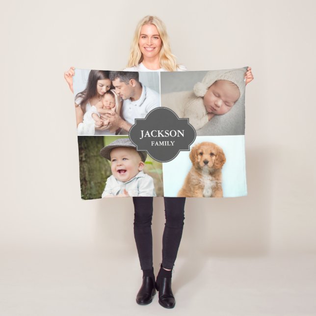 Personalised Family Name Crest Photo collage Fleece Blanket (In Situ)