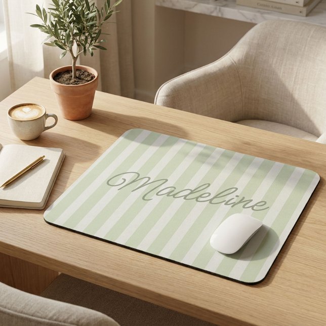 Personalised Family Name Custom Sage Green Stripes Mouse Mat (Personalized mouse pad with soft sage green and cream vertical stripes and the name Madeline)