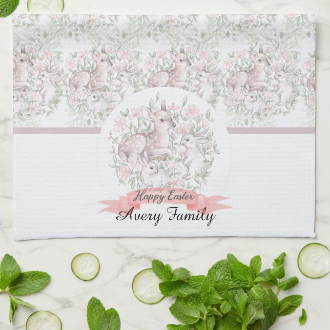 Personalised Family Name Deer Bunny Easter Tea Towel (Folded)