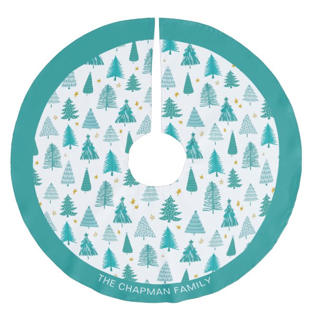 Personalised Family Name Green Teal Christmas Tree Brushed Polyester Tree Skirt (Front)