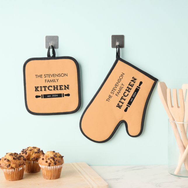 Personalised Family Name Kitchen Template Orange Oven Mitt & Pot Holder Set (Insitu(Hanging))