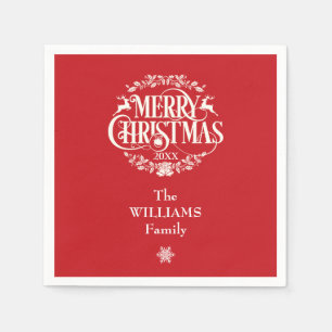 Personalised Family Name Merry Christmas Red Napkin