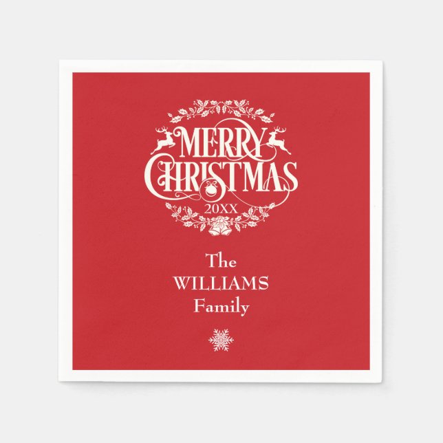 Personalised Family Name Merry Christmas Red Napkin (Front)