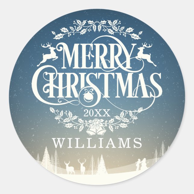 Personalised Family Name Merry Christmas Winter Classic Round Sticker (Front)